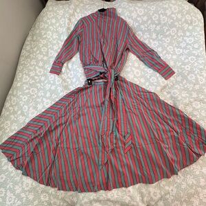 Elegant Striped Maxi Skirt and matching Long Sleeves Shirt Set  in Red and Teal